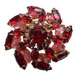 Vintage Red Pink Rhinestone Brooch Pin Domed Round Icy Unsigned Mid Century